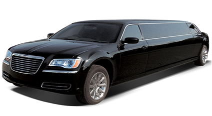 Black Mercedes limo bus with side door open, displaying 13 passenger seating